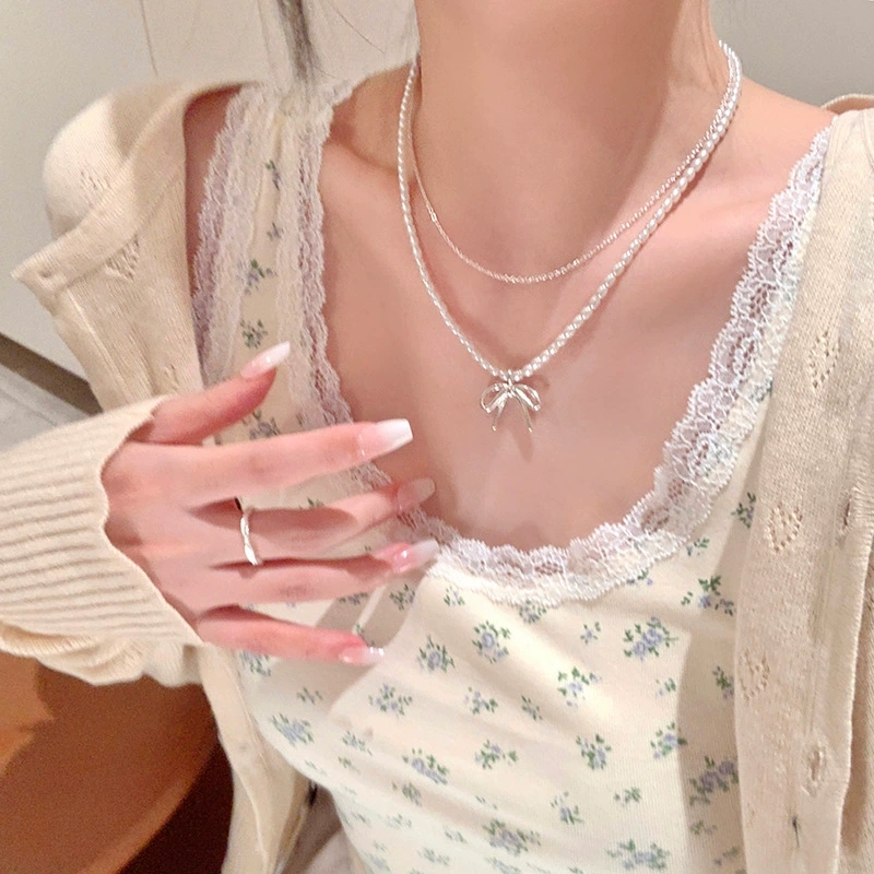 Pearl Choker Necklace Vintage - 패션 빈티지 Bowknot 펜던트 진주 구슬
