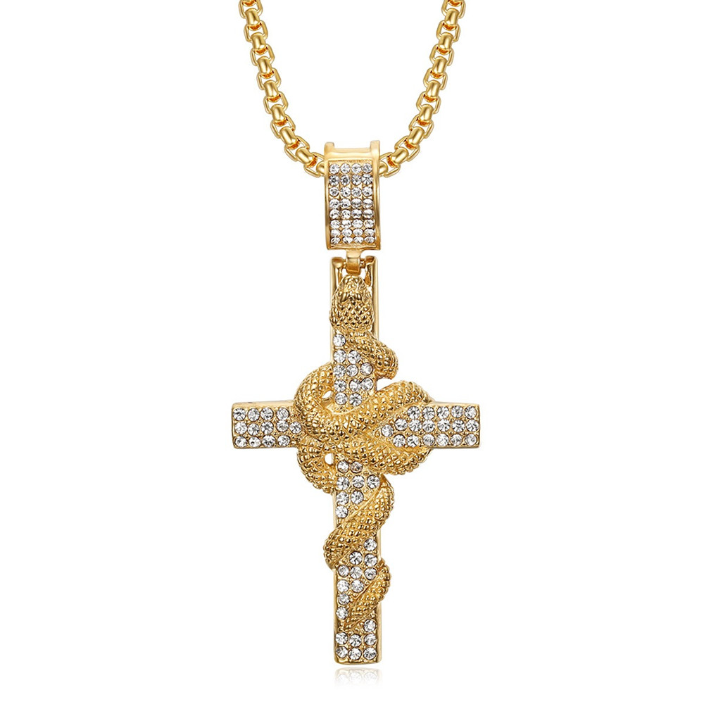 Cross Pendant Necklace Gold - 뱀 무늬가 새겨진 스테인리스 스틸 십자가