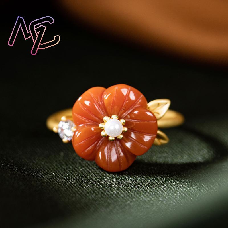 붉은 천연 옥 꽃 반지 럭셔리 스톤 조절 가능한 반지  - Rings 리뷰 및 가격