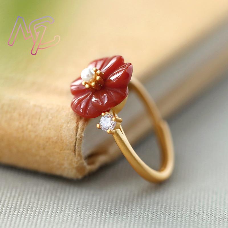 붉은 천연 옥 꽃 반지 럭셔리 스톤 조절 가능한 반지  - Rings 리뷰 및 가격