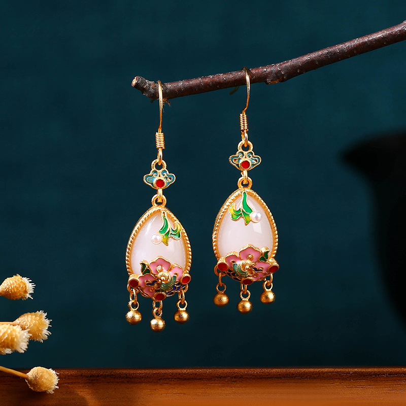 천연 옥 꽃 귀걸이 참 장식품 디자이너 진짜 보석 빈티 - Earrings 리뷰 및 가격