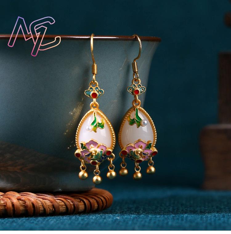 천연 옥 꽃 귀걸이 참 장식품 디자이너 진짜 보석 빈티 - Earrings 리뷰 및 가격