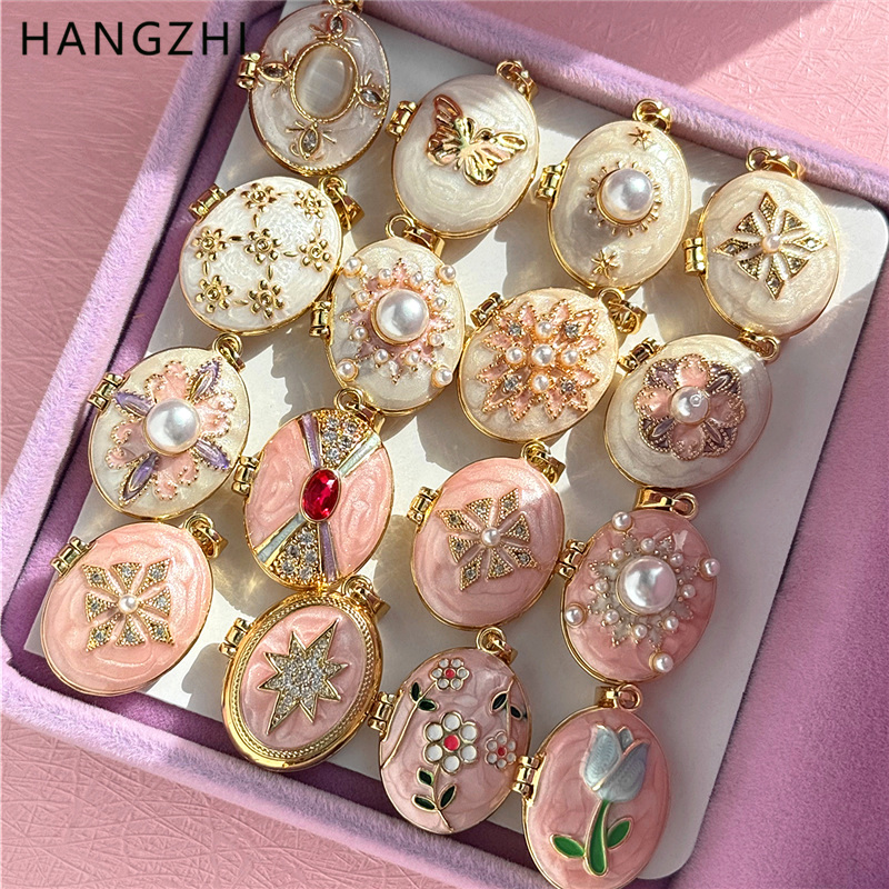 HangZhi 에나멜 로맨틱 핑크 화이트 진주 꽃 타원 - Heart Locket Necklace Photo 리뷰 및 가격